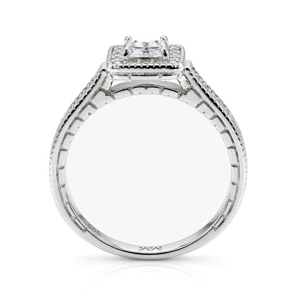 Paragone - Anel de noivado em moissanite de talhe princesa com halo e aro texturado