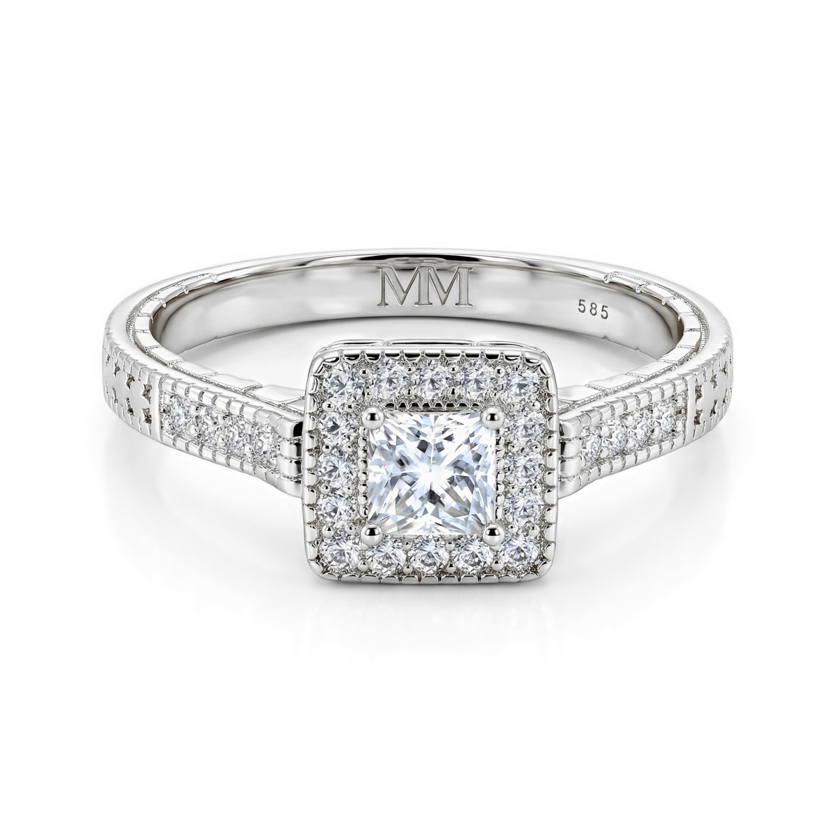 Paragone - Anel de noivado em moissanite de talhe princesa com halo e aro texturado