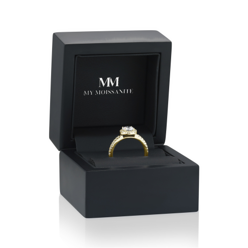 Dynara - Anel de noivado em moissanite com halo e aro em pavé