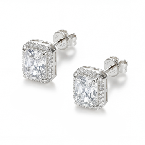 Aura - Brincos de espigão em moissanite de talhe radiante com cravação em halo