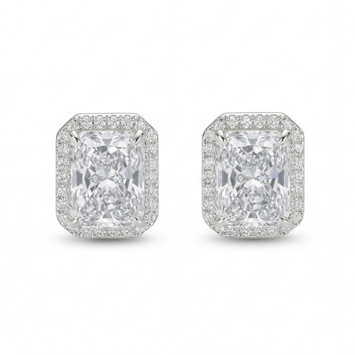 Aura - Brincos de espigão em moissanite de talhe radiante com cravação em halo