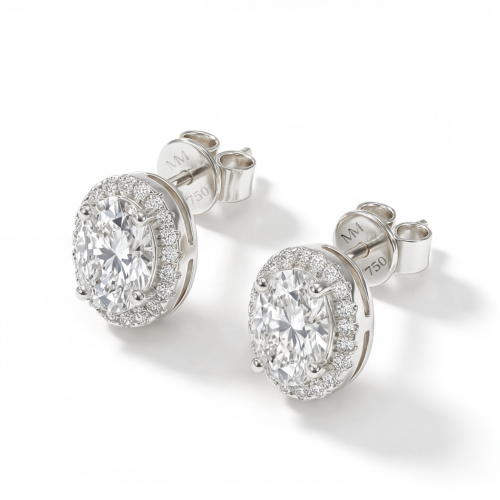 Ellipse - Brincos de espigão em moissanite oval com cravação em halo