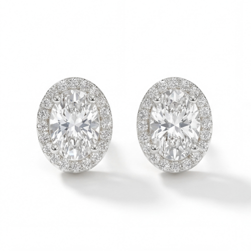 Ellipse - Brincos de espigão em moissanite oval com cravação em halo