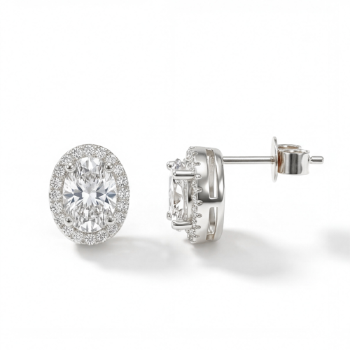 Ellipse - Brincos de espigão em moissanite oval com cravação em halo