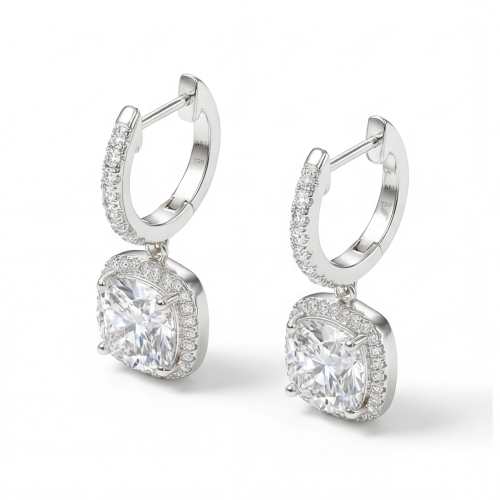 Cushion Drops - Brincos pendentes de moissanite com halo e argolas ajustadas à orelha