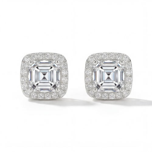 Tetrona - Brincos de espigão em moissanite de talhe Asscher com cravação em halo