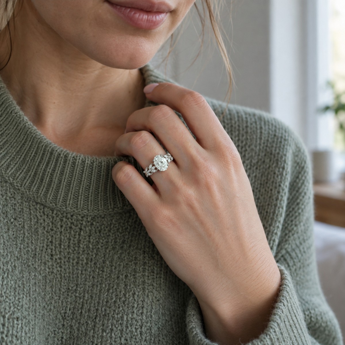 Wisteria - Anel em moissanite oval com aro em forma de videira entrelaçada
