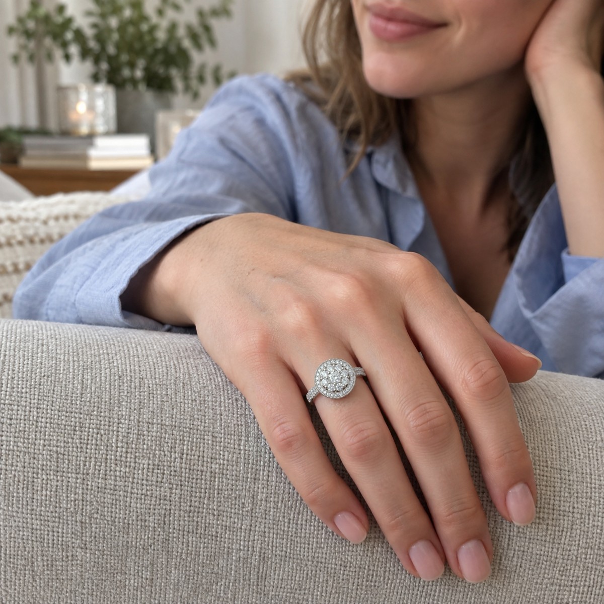 Corollina - Anel de moissanite com agrupamento redondo, halo e ombros em pavé