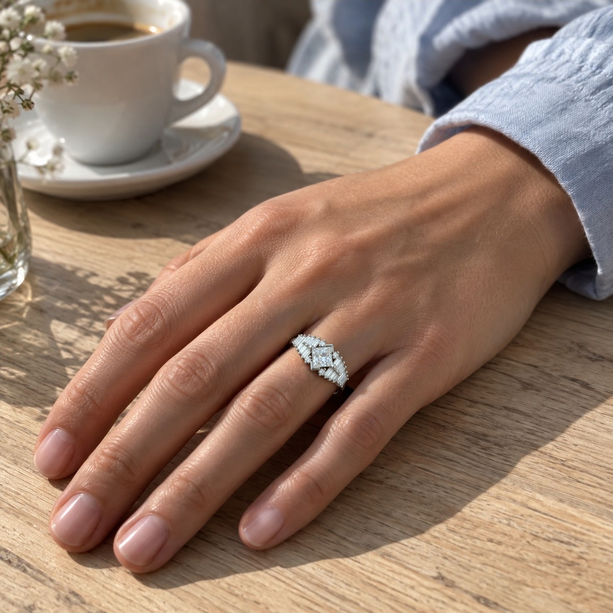 Princelle - Anel art déco em moissanite de talhe princesa com ombros com pedras de talhe baguette dispostas em degraus