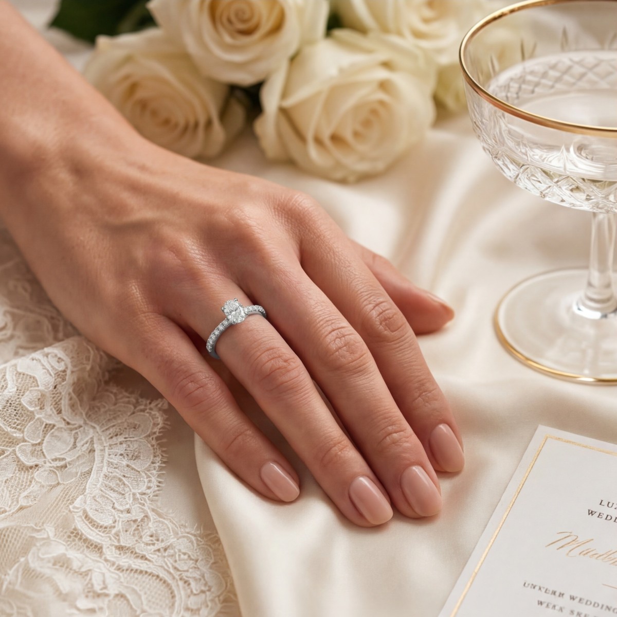 Nina anel - Anel com moissanite oval e pedras laterais em pavé