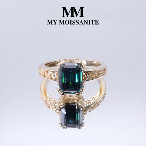 Verdisia - Anel de noivado vintage floral com moissanite verde de talhe esmeralda