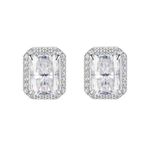 Aura - Brincos de espigão em moissanite de talhe radiante com cravação em halo