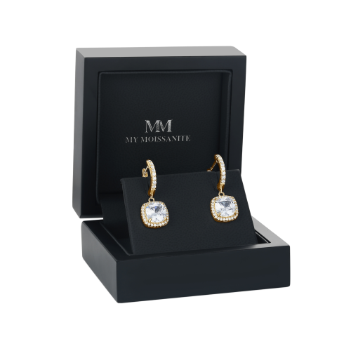 Cushion Drops - Brincos pendentes de moissanite com halo e argolas ajustadas à orelha