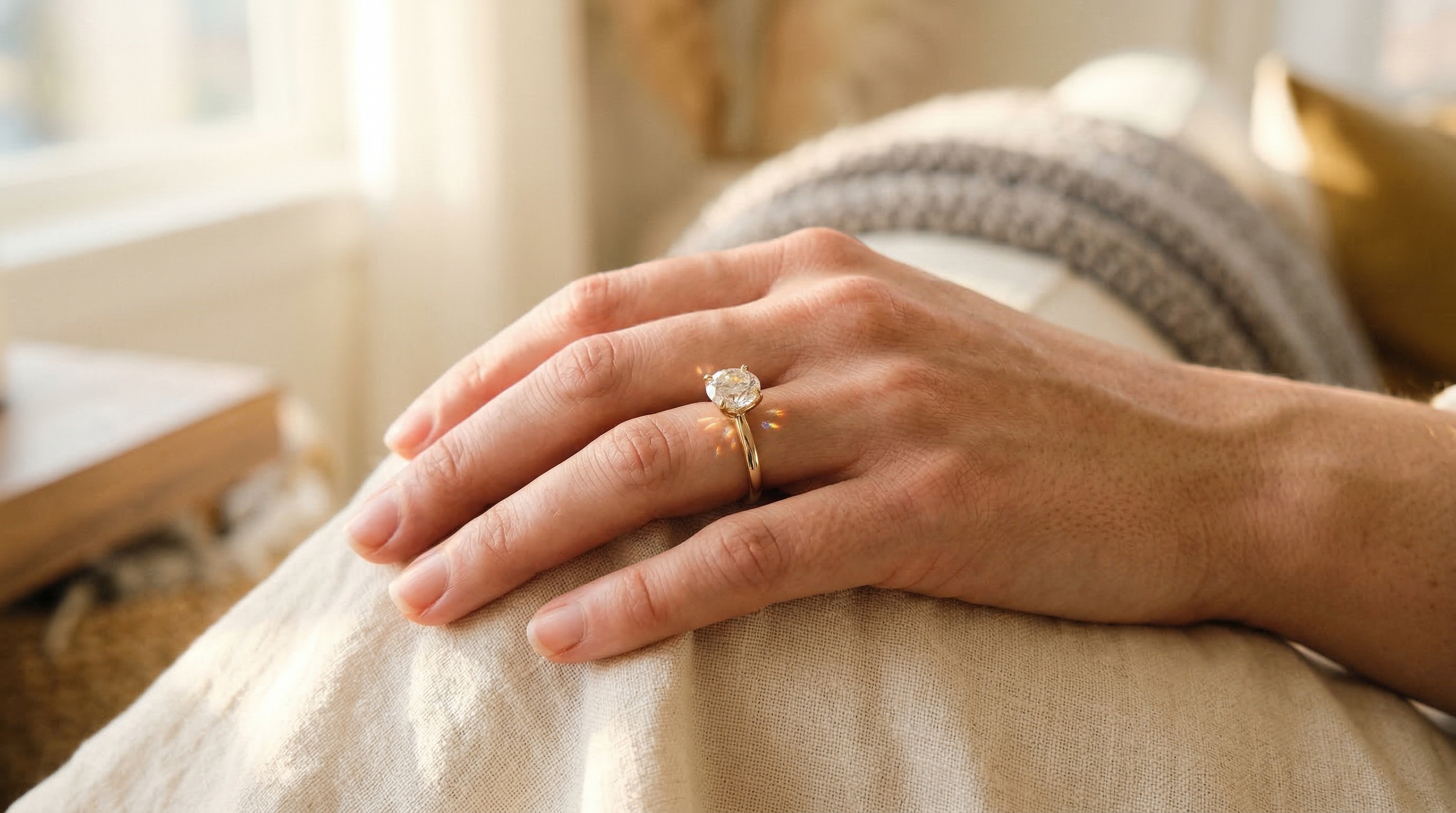 Anel de noivado com moissanite que apresenta uma brilhante dispersão de luz e fogo