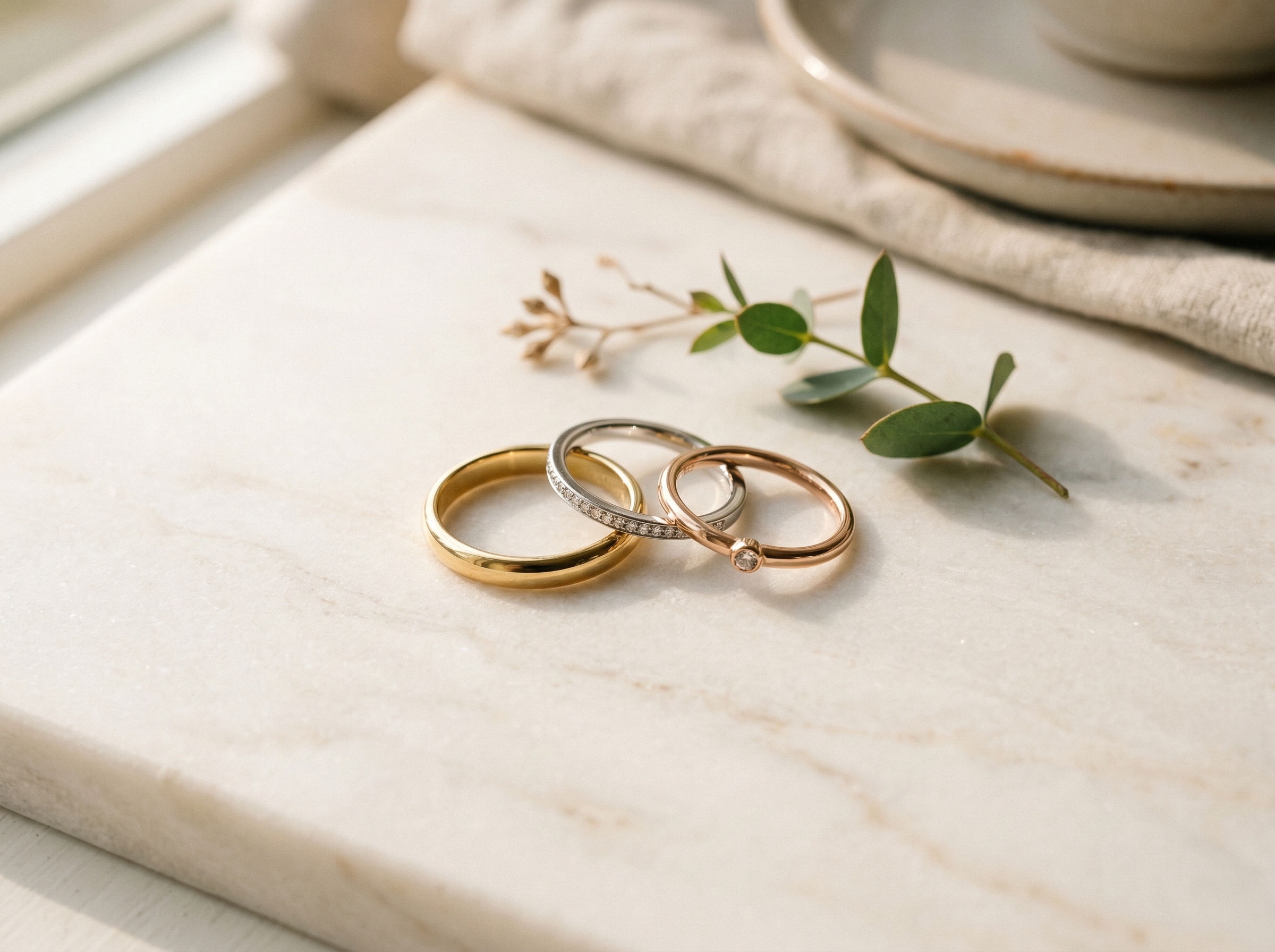 Três anéis em ouro amarelo, ouro branco e ouro rosa sobre superfície de mármore creme