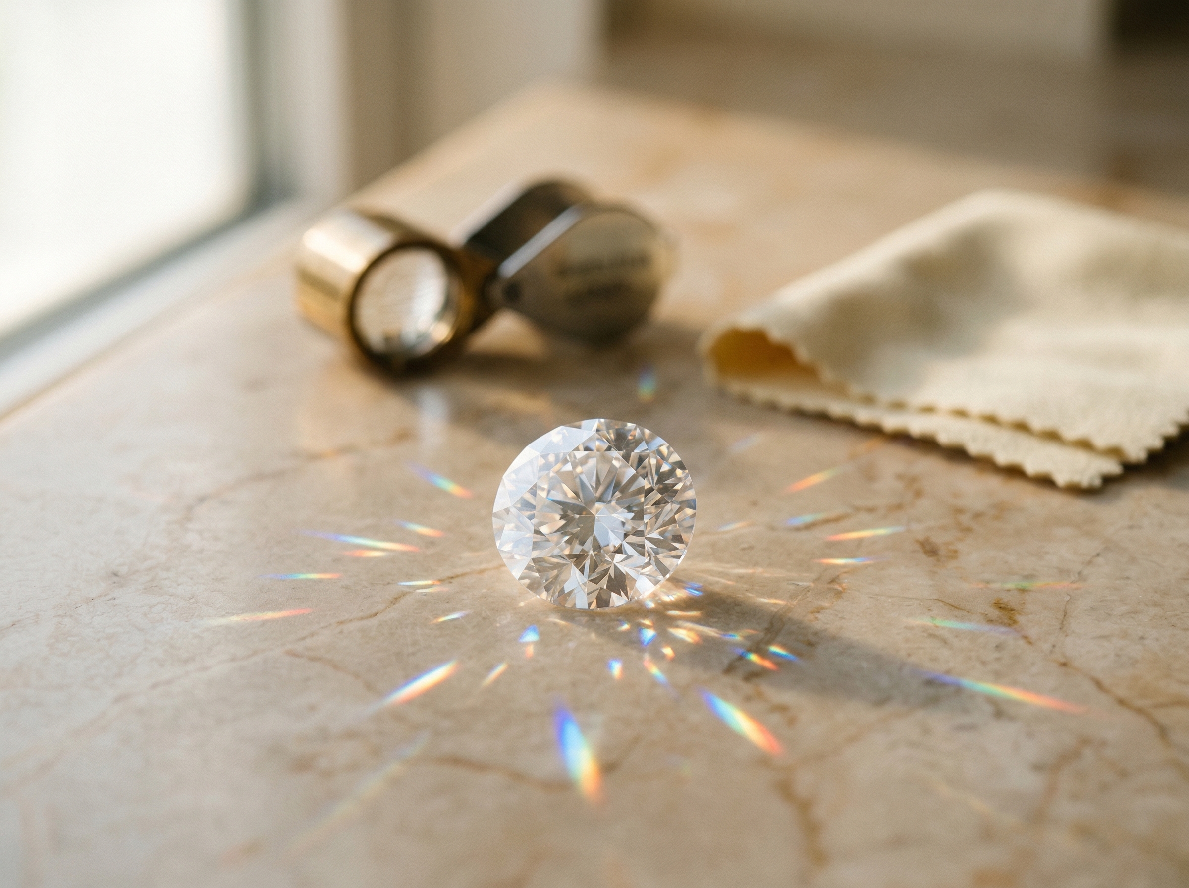 Gema de moissanite a captar a luz natural com fogo intenso e refrações