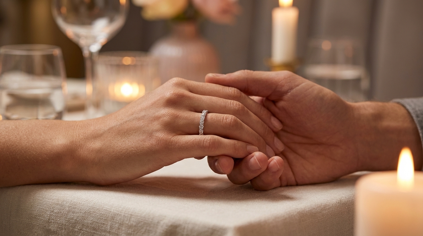 Casal a partilhar um momento íntimo, com o anel de moissanite a refletir a luz de velas