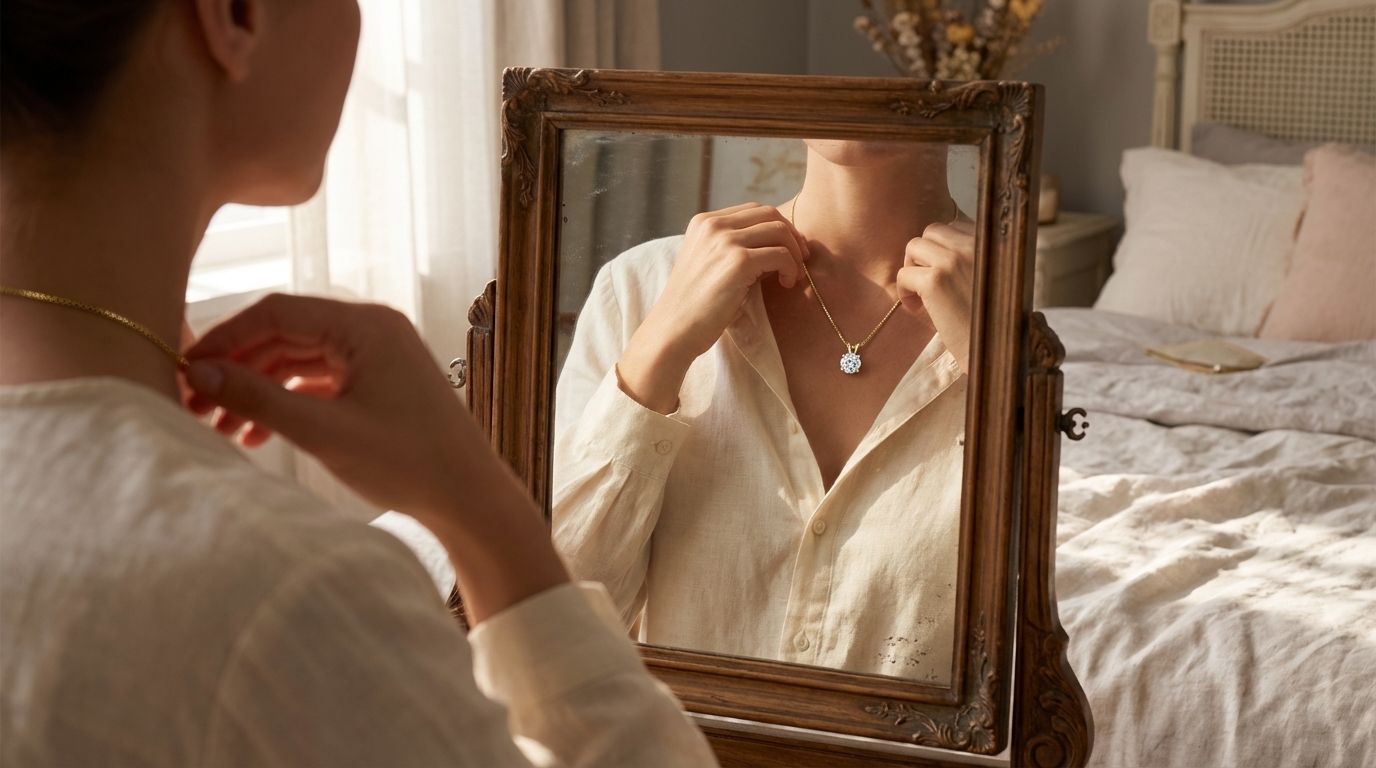Mulher a ajustar um colar com pendente ao espelho, sob luz natural quente